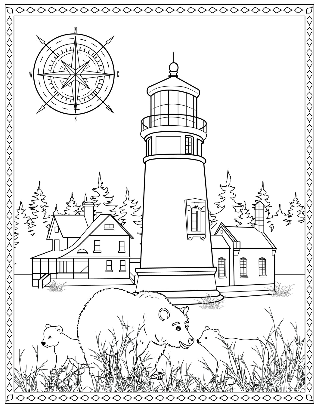 Single Coloring Book Page - Umpqua River Lighthouse, Oregon - Digital Print-from-Home