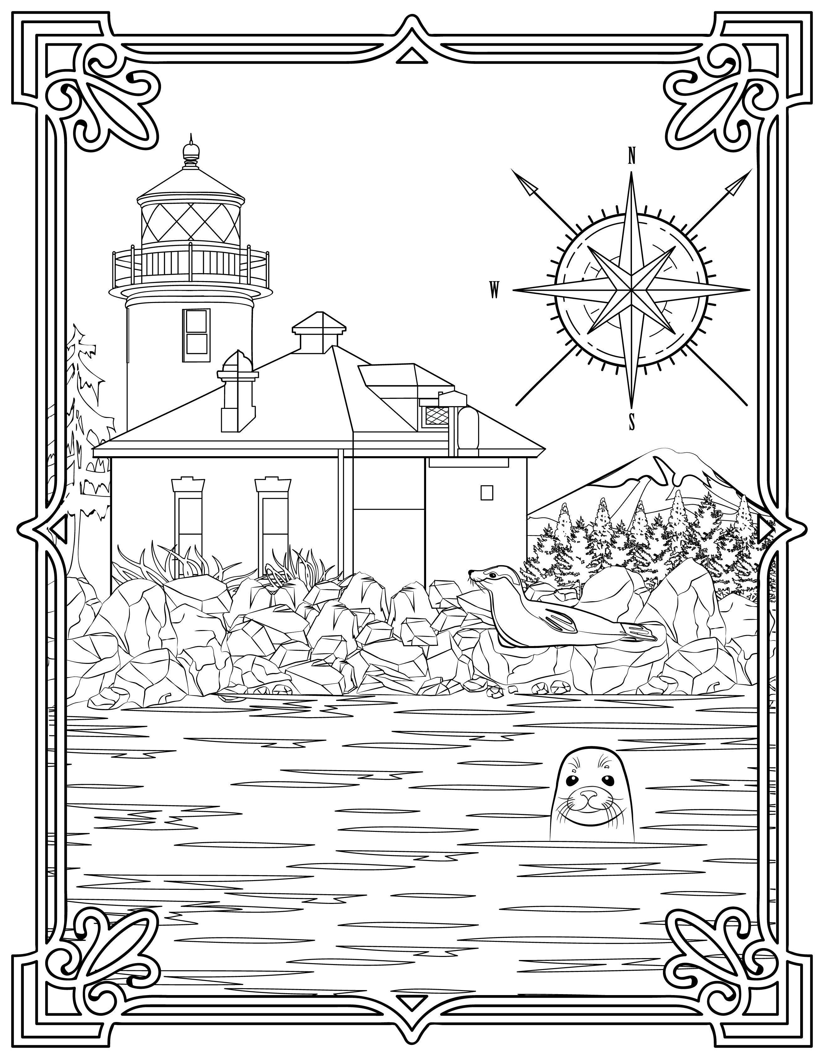 Single Coloring Book Page - Alki Point Lighthouse, Washington - Digital Print-from-Home