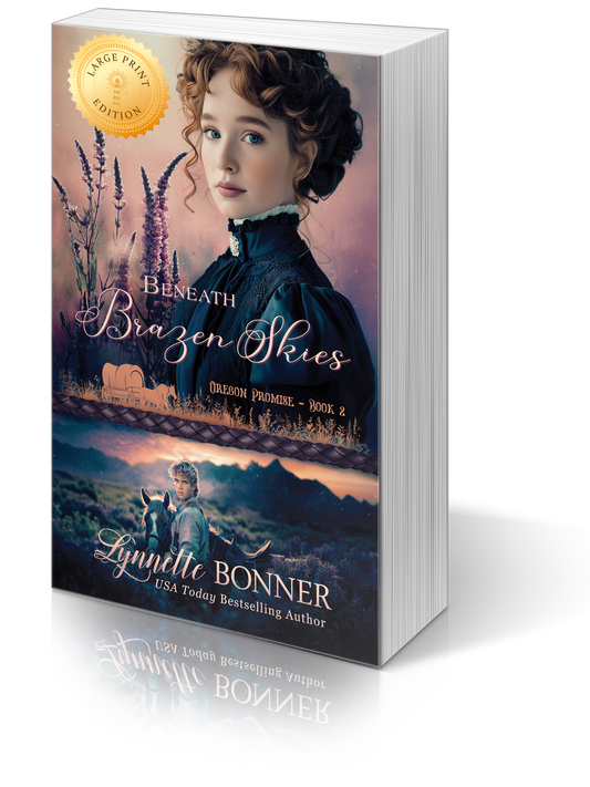 Large Print Cover of Beneath Brazen Skies, a Christian historical Western Romance.