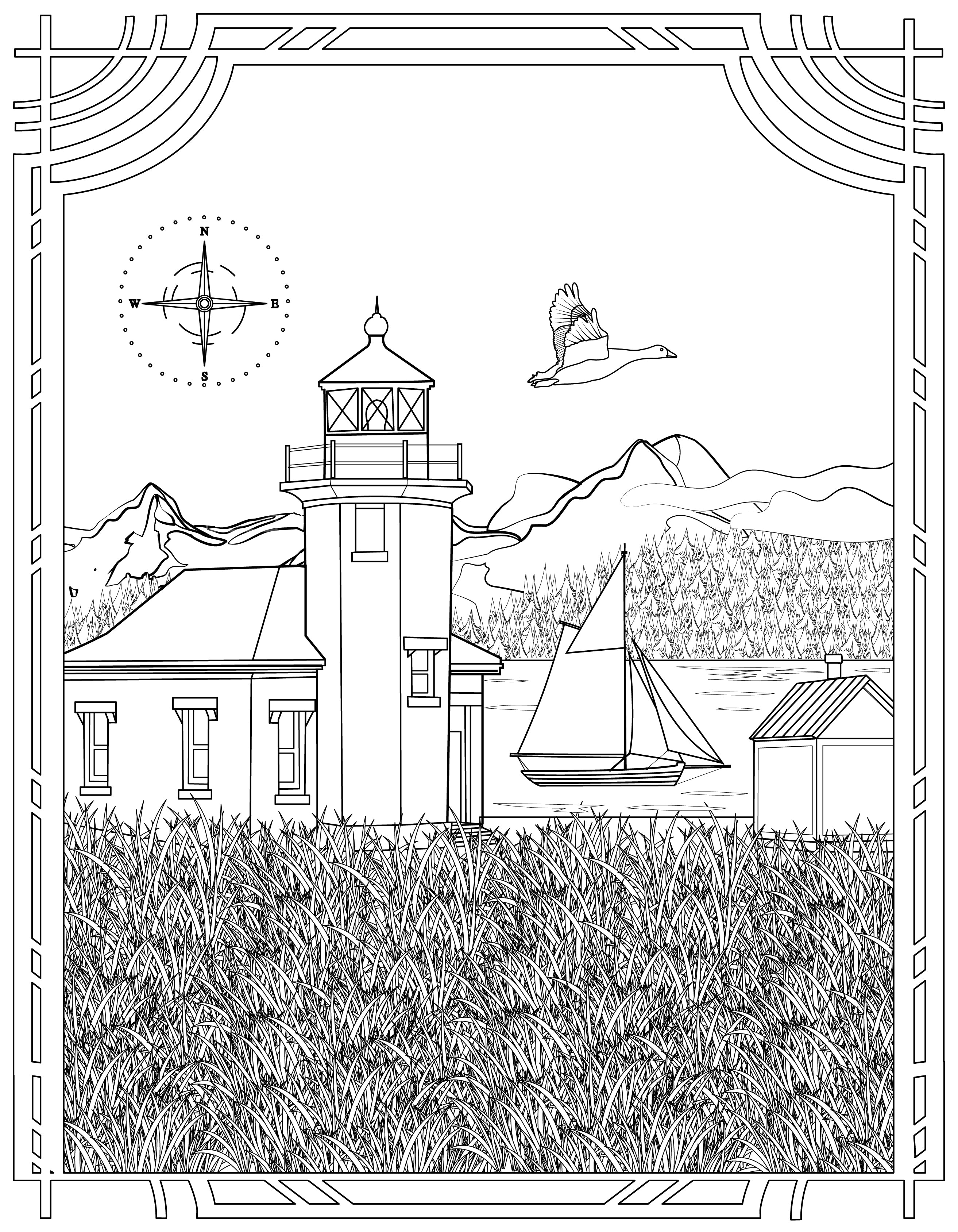 Single Coloring Book Page - Point Robinson Lighthouse, Washington - Digital Print-from-Home