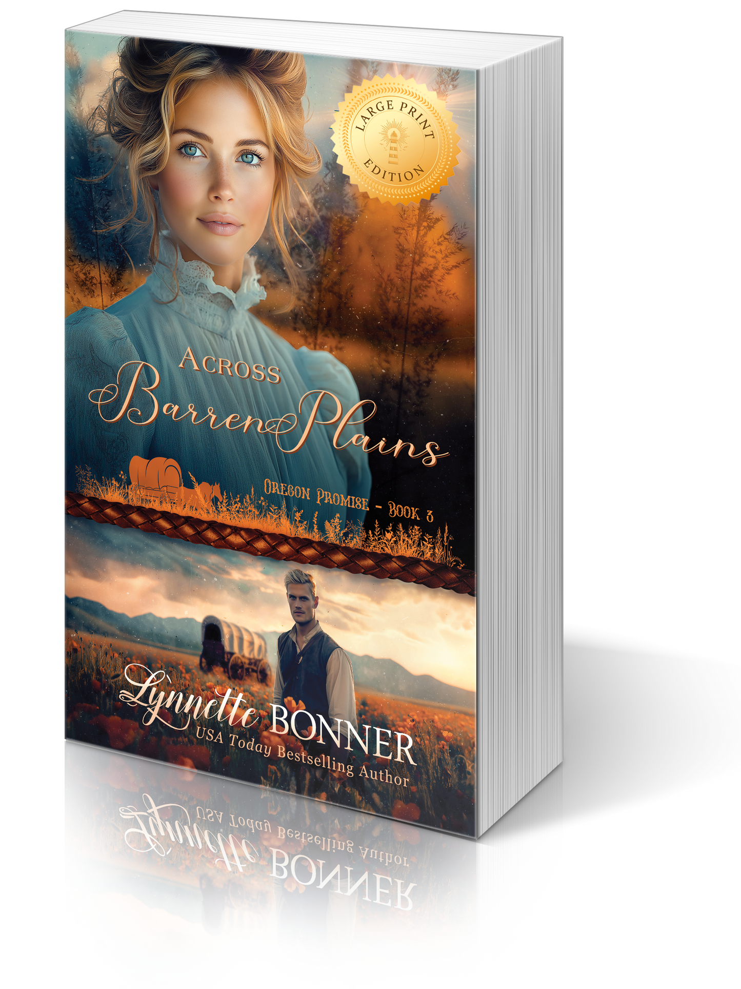 Large Print Cover of Across Barren Plains, a Christian historical Western Romance.