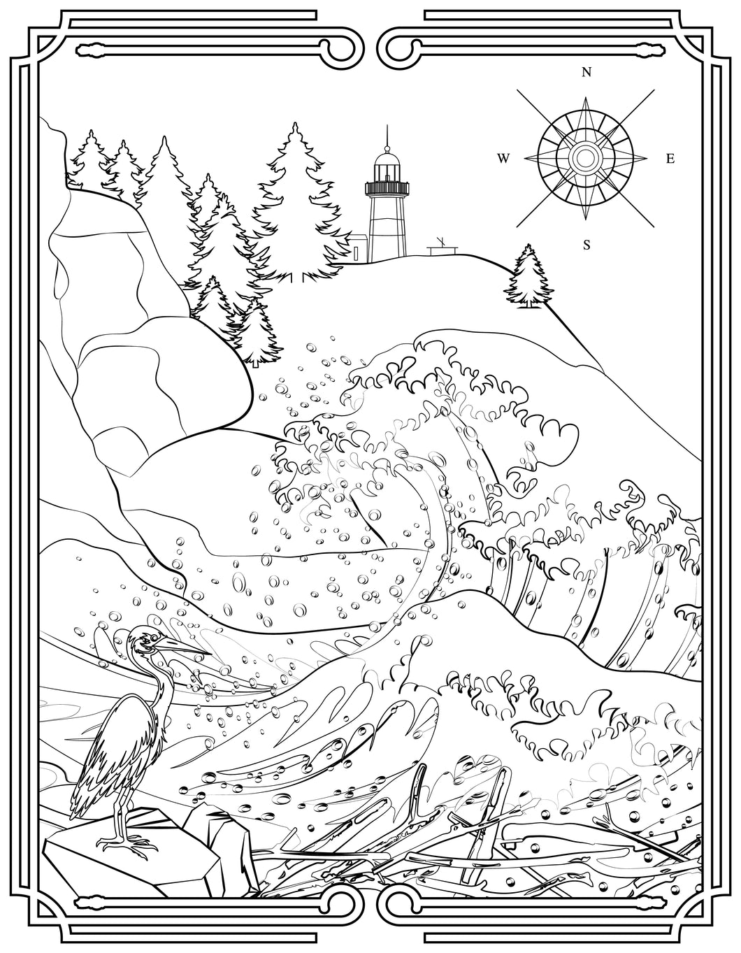 Single Coloring Book Page - Cape Disappointment Lighthouse, Washington - Digital Print-from-Home