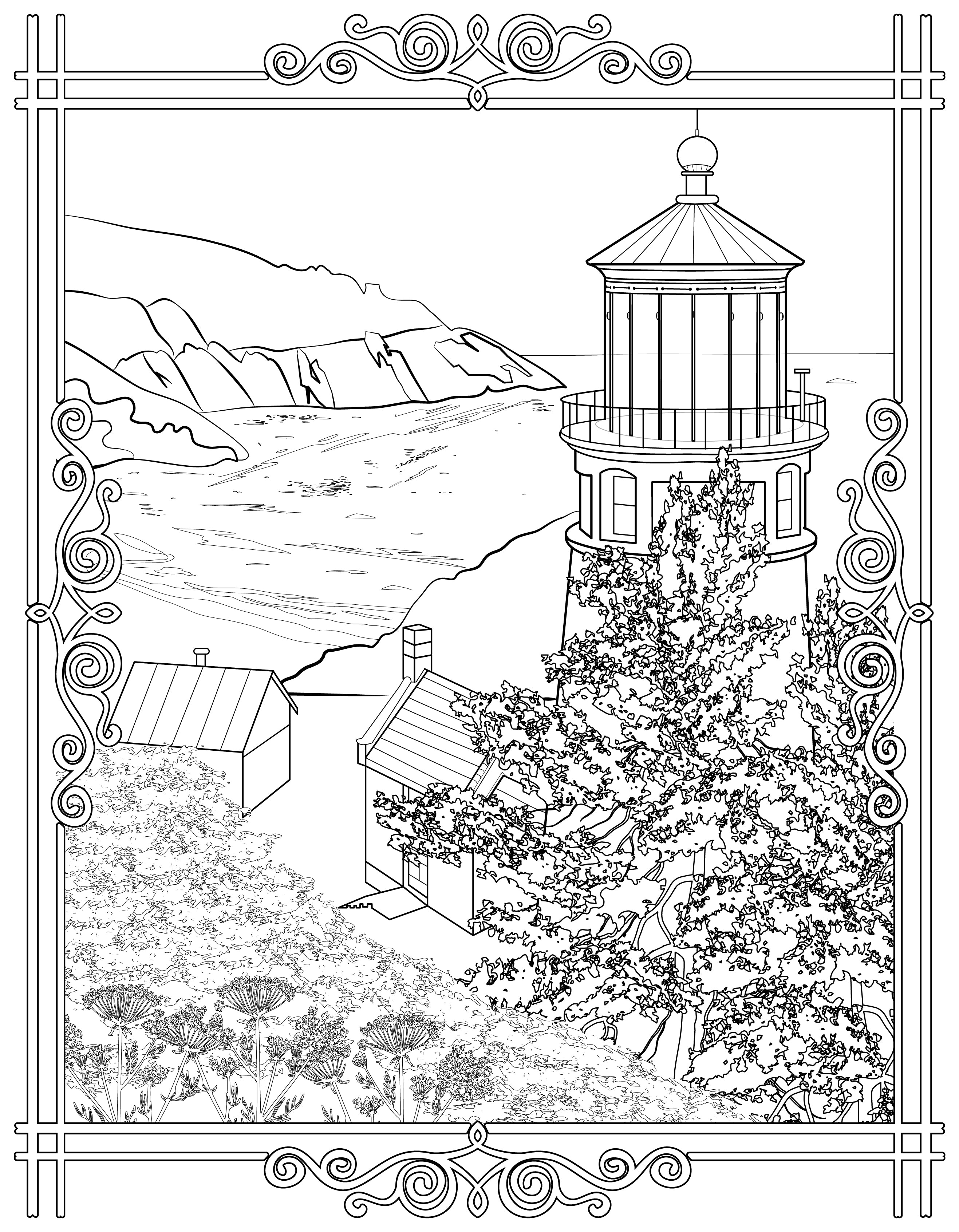 Single Coloring Book Page - Heceta Head Lighthouse, Oregon - Digital Print-from-Home