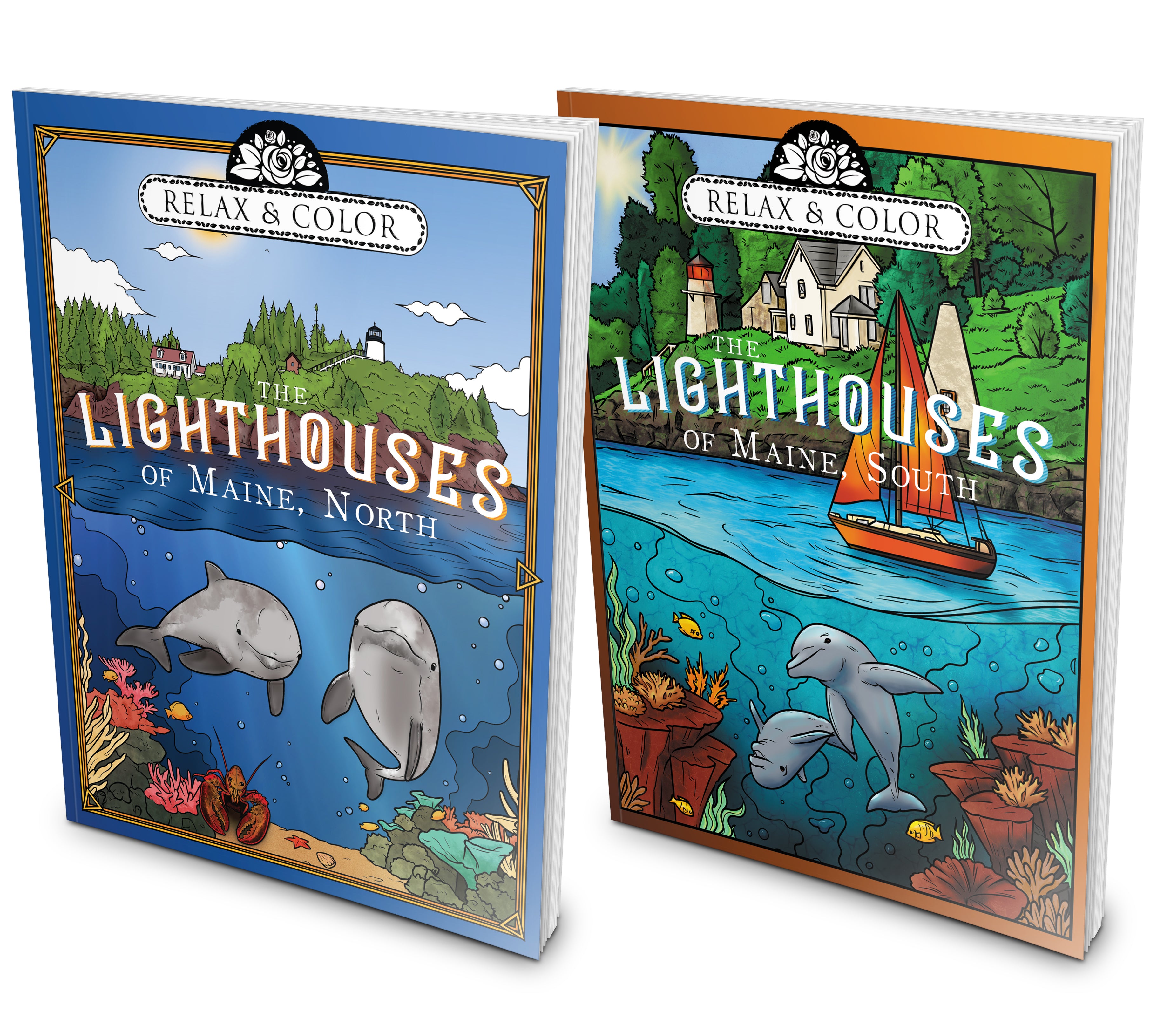 Relax and Color The Lighthouses of Maine, North and South - Paperback Bundle
