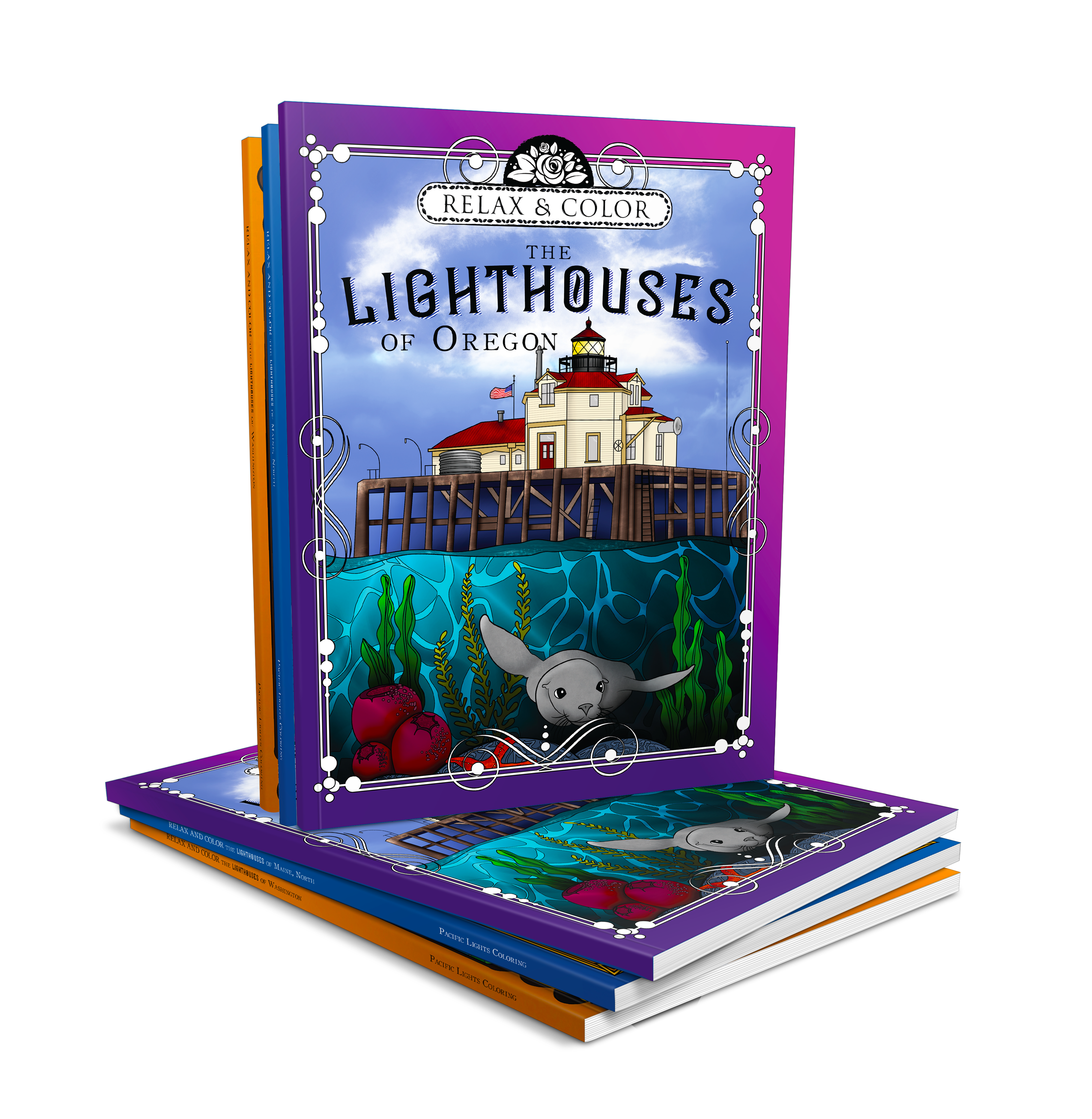 Relax and Color The Lighthouses of Washington, Oregon, and Maine, North - Paperback Bundle