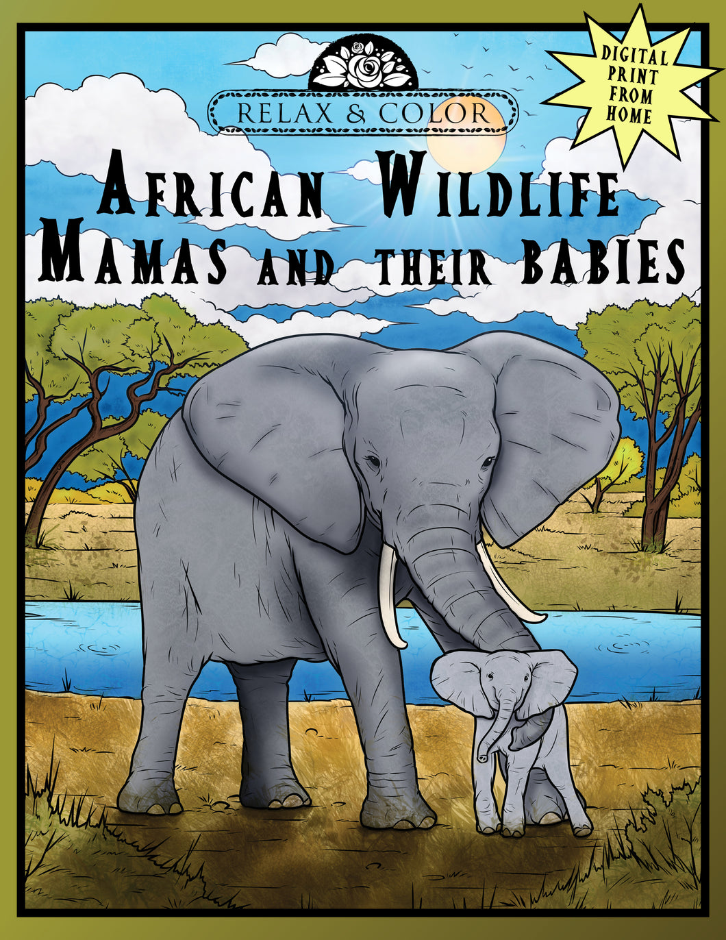 Relax and Color African Wildlife Mamas and their Babies (Digital Print-from-Home Format)