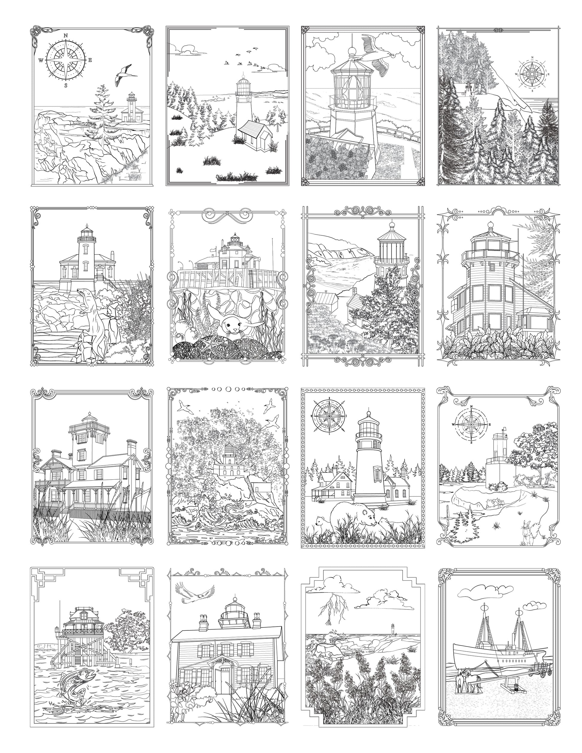 Samples of Coloring Pages from The Lighthouses of Oregon Color Book