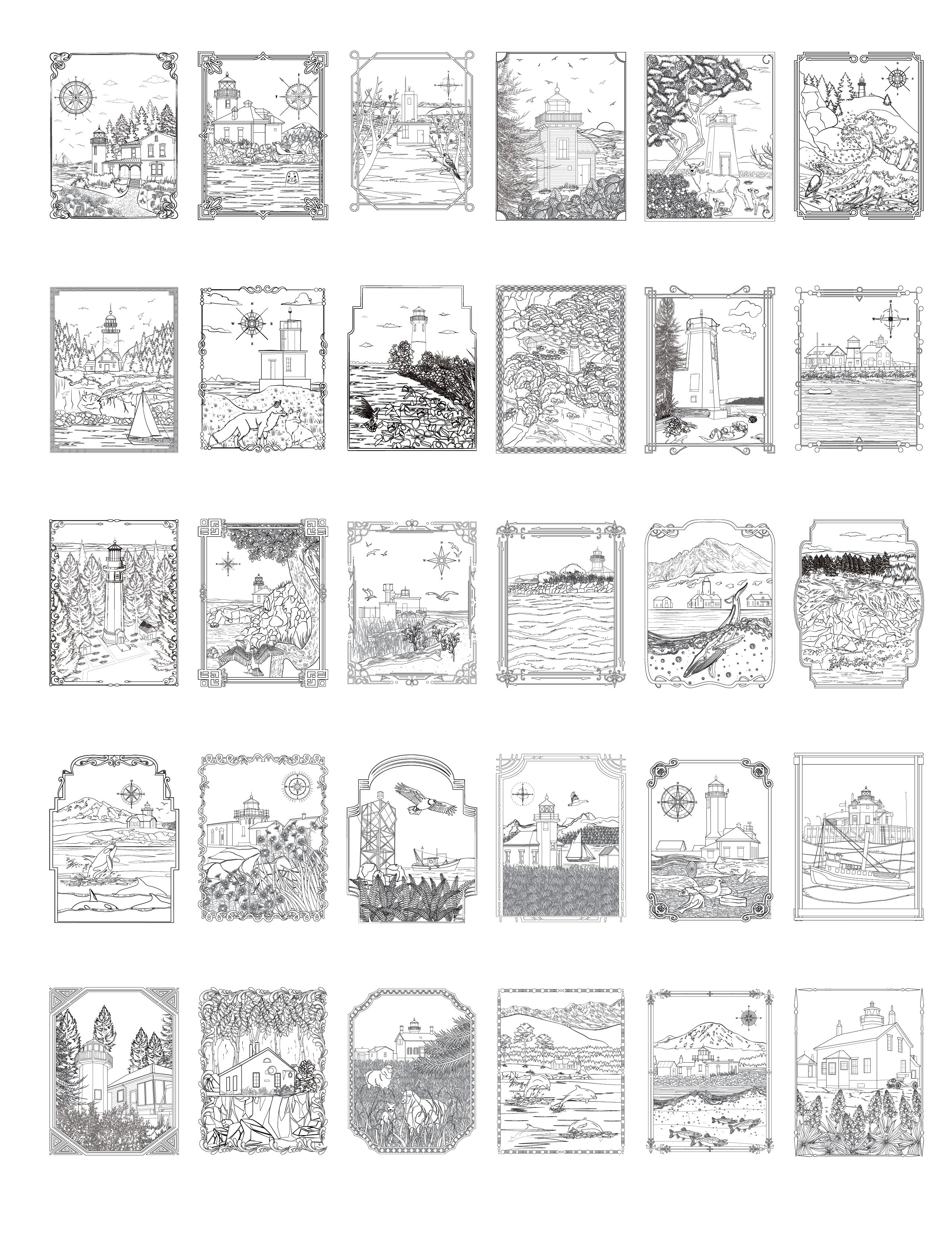 Relax and Color The Lighthouses of Washington, Oregon, and Maine, North - Paperback Bundle